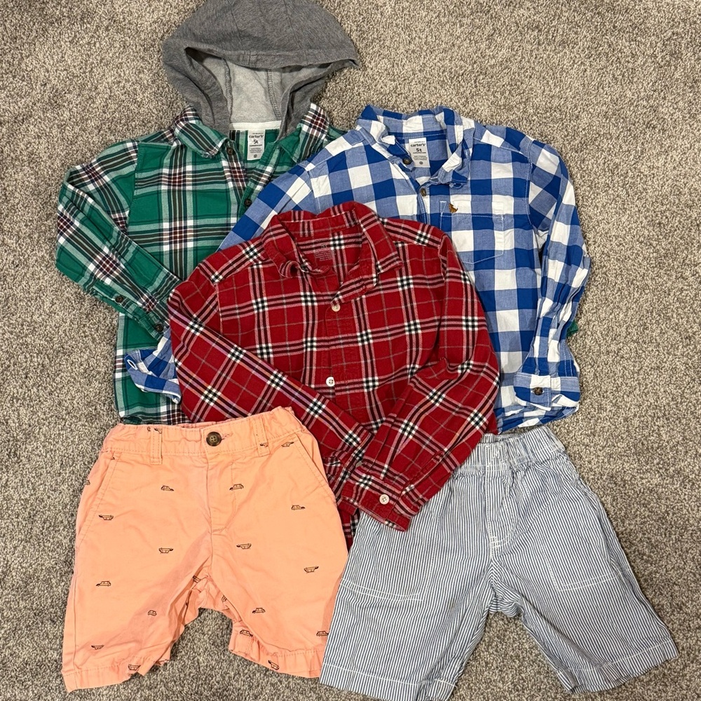 Carter’s Boys 5T Bundle Lot (5) Shirts & Shorts | Plaid Button Down Hoodie